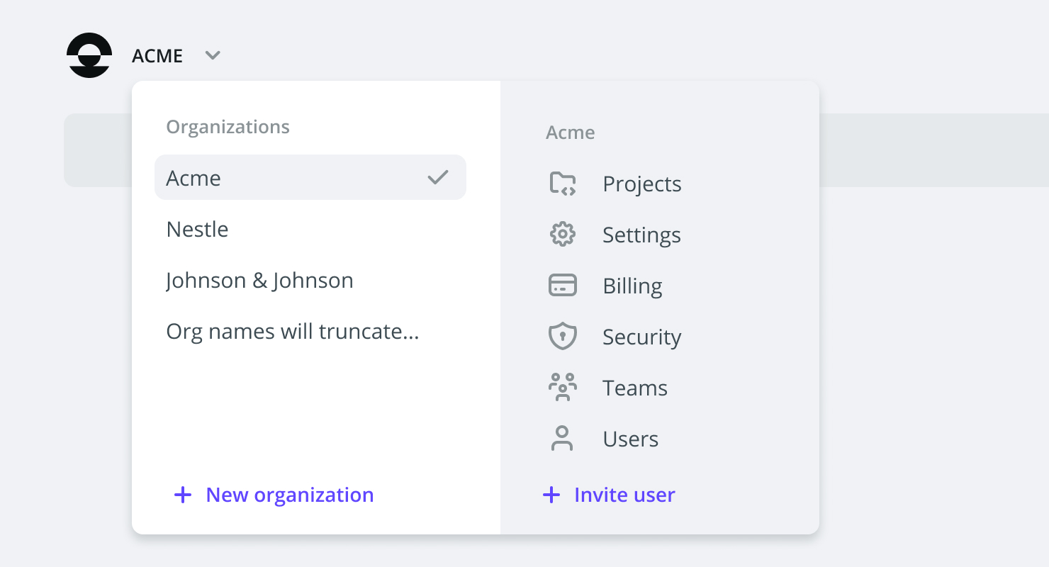 Organization picker. Found in the upper left-hand corner to the Upsun Management Console.