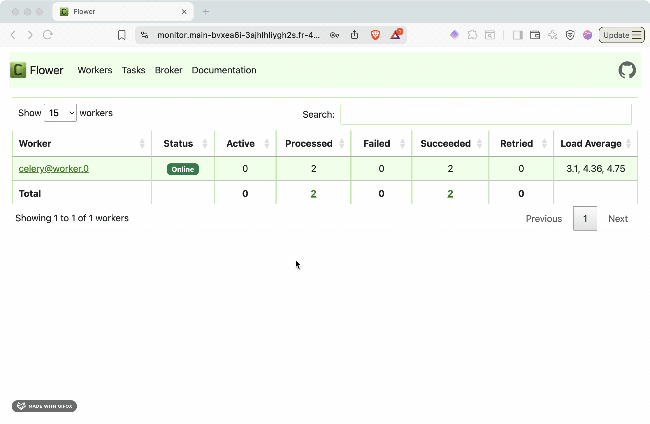 Flower monitoring dashboard showing active tasks, worker status, and processing statistics