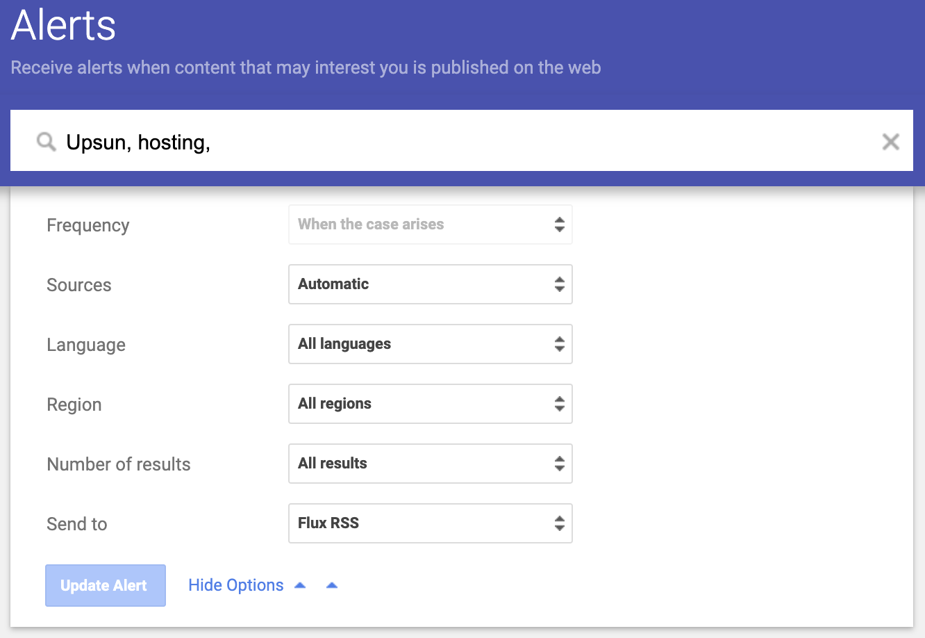 Google alert form with RSS Feed options